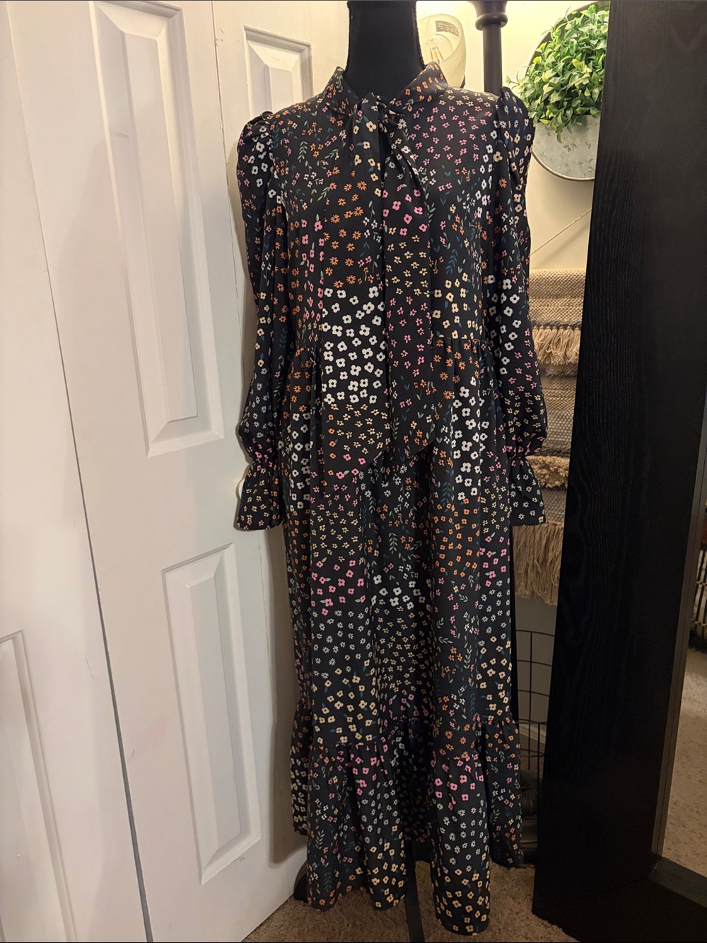 Never Fully Dressed Black Meadow Tie Neck Multicolor Floral Print Maxi Dress
